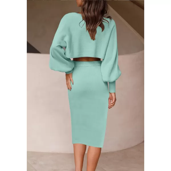 imageZESICA Womens Casual Two Piece Outfits Long Sleeve Ribbed Knit Top and Bodycon Midi Skirt Oversized Pullover Sweater SetsSage