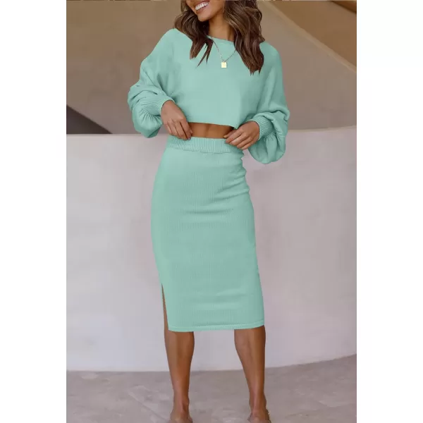 imageZESICA Womens Casual Two Piece Outfits Long Sleeve Ribbed Knit Top and Bodycon Midi Skirt Oversized Pullover Sweater SetsSage