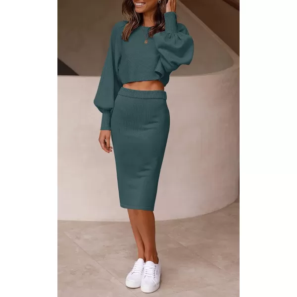 imageZESICA Womens Casual Two Piece Outfits Long Sleeve Ribbed Knit Top and Bodycon Midi Skirt Oversized Pullover Sweater SetsTeal