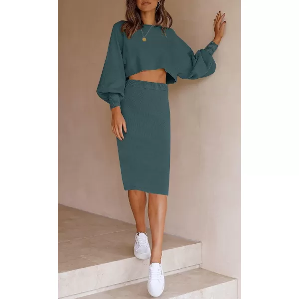imageZESICA Womens Casual Two Piece Outfits Long Sleeve Ribbed Knit Top and Bodycon Midi Skirt Oversized Pullover Sweater SetsTeal