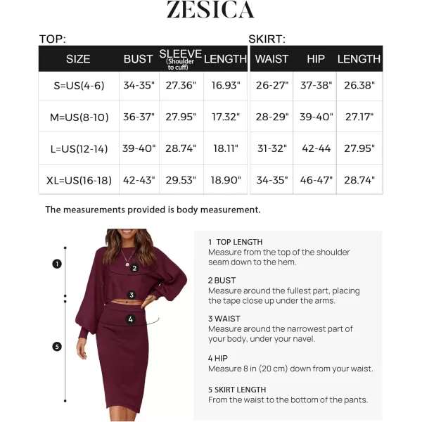 imageZESICA Womens Casual Two Piece Outfits Long Sleeve Ribbed Knit Top and Bodycon Midi Skirt Oversized Pullover Sweater SetsWine