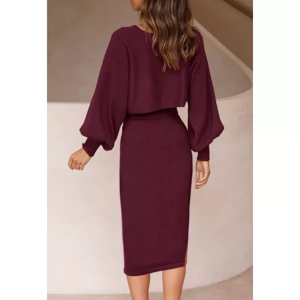 imageZESICA Womens Casual Two Piece Outfits Long Sleeve Ribbed Knit Top and Bodycon Midi Skirt Oversized Pullover Sweater SetsWine