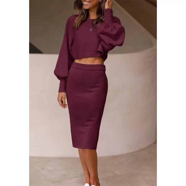 imageZESICA Womens Casual Two Piece Outfits Long Sleeve Ribbed Knit Top and Bodycon Midi Skirt Oversized Pullover Sweater SetsWine