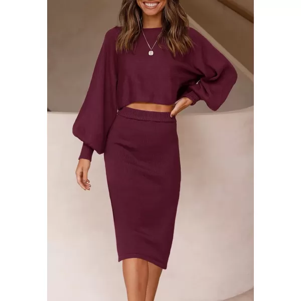 imageZESICA Womens Casual Two Piece Outfits Long Sleeve Ribbed Knit Top and Bodycon Midi Skirt Oversized Pullover Sweater SetsWine