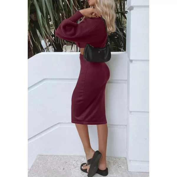 imageZESICA Womens Casual Two Piece Outfits Long Sleeve Ribbed Knit Top and Bodycon Midi Skirt Oversized Pullover Sweater SetsWine