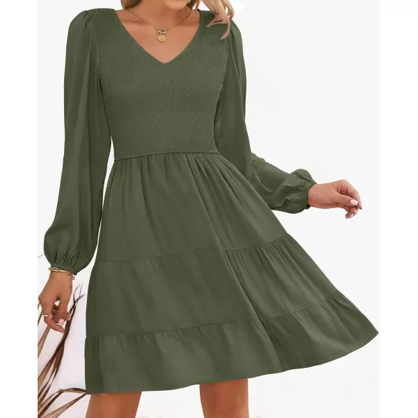 imageZESICA Womens Casual V Neck Long Sleeve Smocked High Waist Ruffle A Line Tiered Mini DressArmygreen