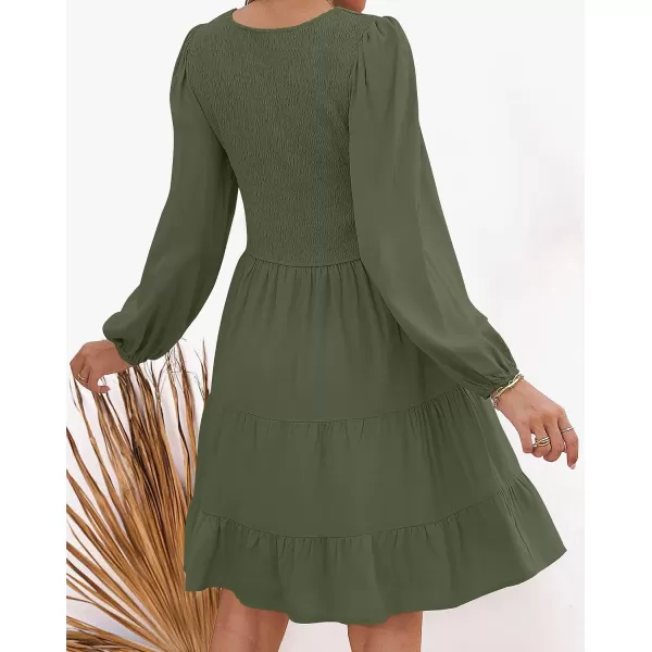 imageZESICA Womens Casual V Neck Long Sleeve Smocked High Waist Ruffle A Line Tiered Mini DressArmygreen