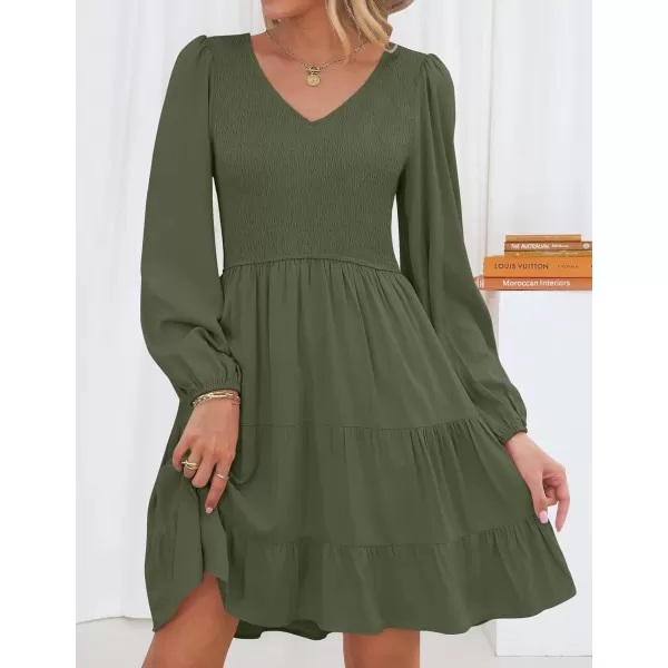 imageZESICA Womens Casual V Neck Long Sleeve Smocked High Waist Ruffle A Line Tiered Mini DressArmygreen