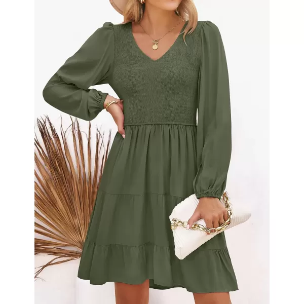 imageZESICA Womens Casual V Neck Long Sleeve Smocked High Waist Ruffle A Line Tiered Mini DressArmygreen