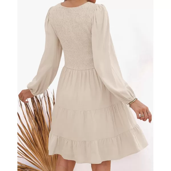 imageZESICA Womens Casual V Neck Long Sleeve Smocked High Waist Ruffle A Line Tiered Mini DressBeige