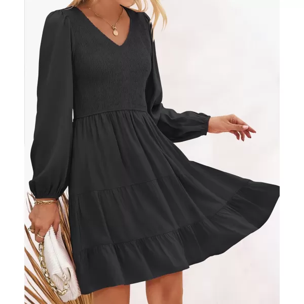 imageZESICA Womens Casual V Neck Long Sleeve Smocked High Waist Ruffle A Line Tiered Mini DressBlack
