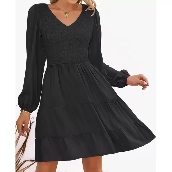 imageZESICA Womens Casual V Neck Long Sleeve Smocked High Waist Ruffle A Line Tiered Mini DressBlack