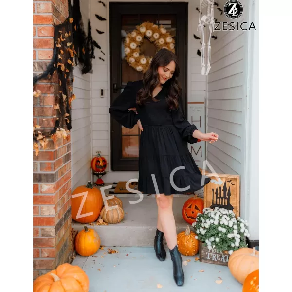 imageZESICA Womens Casual V Neck Long Sleeve Smocked High Waist Ruffle A Line Tiered Mini DressBlack