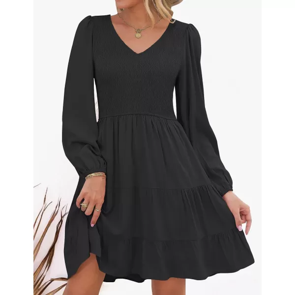 imageZESICA Womens Casual V Neck Long Sleeve Smocked High Waist Ruffle A Line Tiered Mini DressBlack