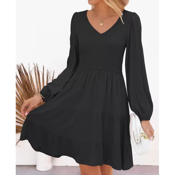 imageZESICA Womens Casual V Neck Long Sleeve Smocked High Waist Ruffle A Line Tiered Mini DressBlack