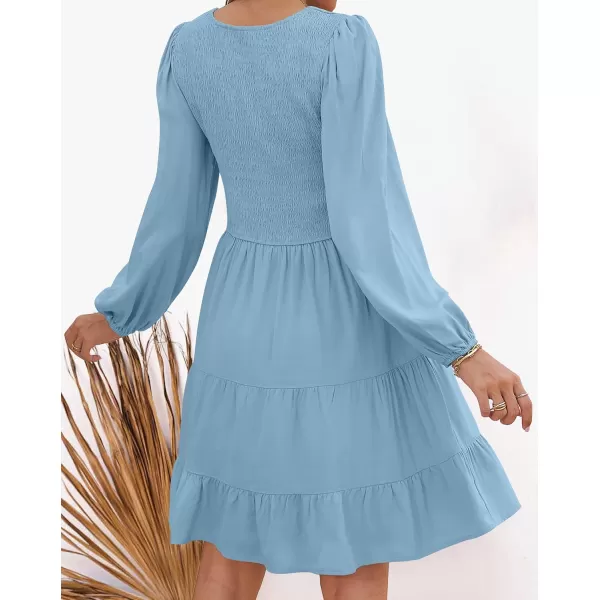imageZESICA Womens Casual V Neck Long Sleeve Smocked High Waist Ruffle A Line Tiered Mini DressBlue