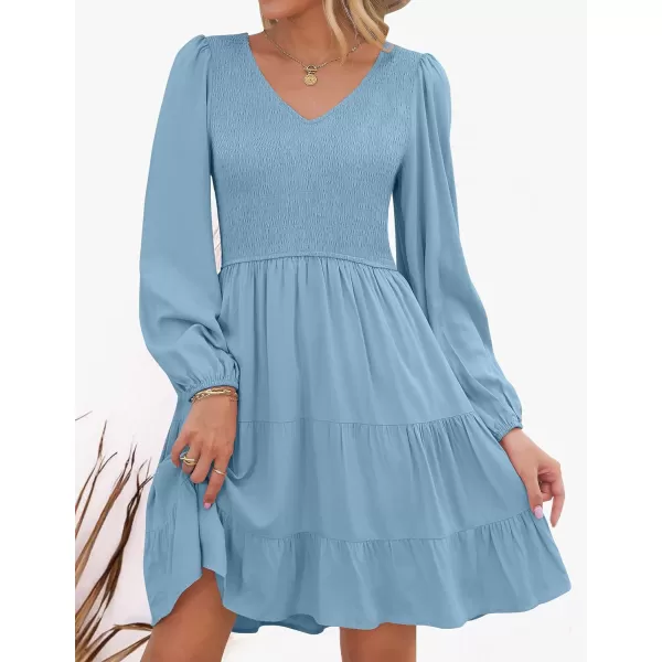 imageZESICA Womens Casual V Neck Long Sleeve Smocked High Waist Ruffle A Line Tiered Mini DressBlue