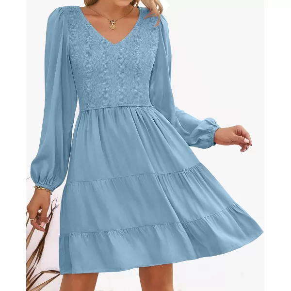 imageZESICA Womens Casual V Neck Long Sleeve Smocked High Waist Ruffle A Line Tiered Mini DressBlue