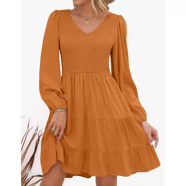 imageZESICA Womens Casual V Neck Long Sleeve Smocked High Waist Ruffle A Line Tiered Mini DressCaramel