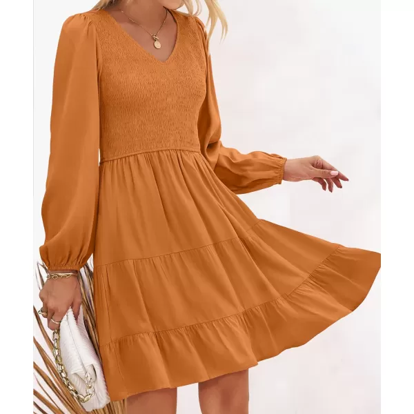 imageZESICA Womens Casual V Neck Long Sleeve Smocked High Waist Ruffle A Line Tiered Mini DressCaramel