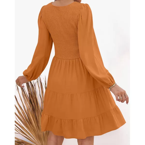 imageZESICA Womens Casual V Neck Long Sleeve Smocked High Waist Ruffle A Line Tiered Mini DressCaramel