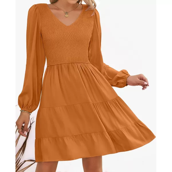 imageZESICA Womens Casual V Neck Long Sleeve Smocked High Waist Ruffle A Line Tiered Mini DressCaramel