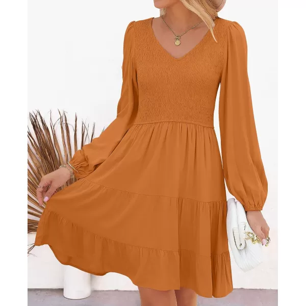 imageZESICA Womens Casual V Neck Long Sleeve Smocked High Waist Ruffle A Line Tiered Mini DressCaramel