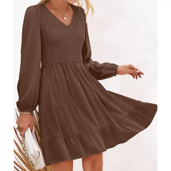 imageZESICA Womens Casual V Neck Long Sleeve Smocked High Waist Ruffle A Line Tiered Mini DressCoffee
