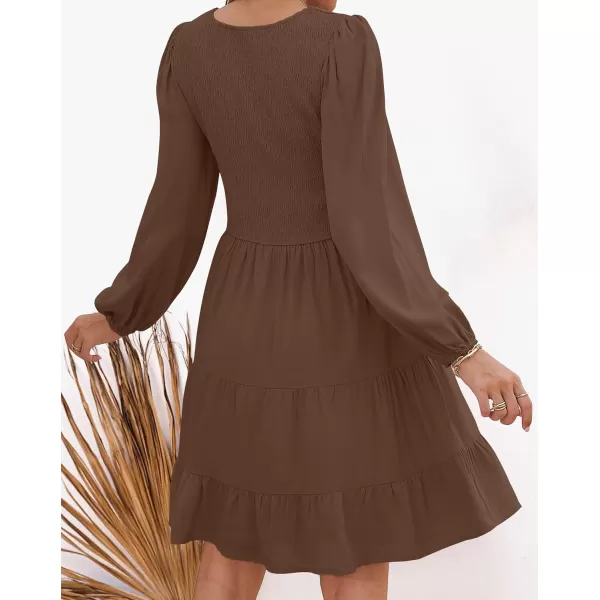 imageZESICA Womens Casual V Neck Long Sleeve Smocked High Waist Ruffle A Line Tiered Mini DressCoffee