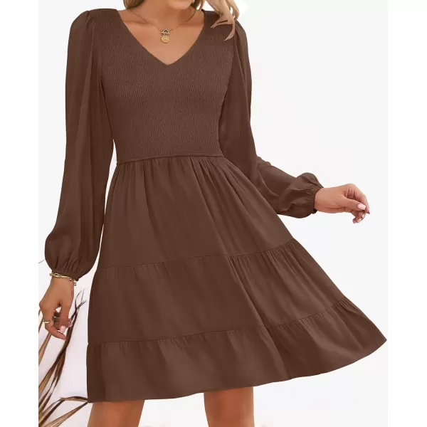 imageZESICA Womens Casual V Neck Long Sleeve Smocked High Waist Ruffle A Line Tiered Mini DressCoffee