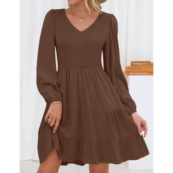 imageZESICA Womens Casual V Neck Long Sleeve Smocked High Waist Ruffle A Line Tiered Mini DressCoffee