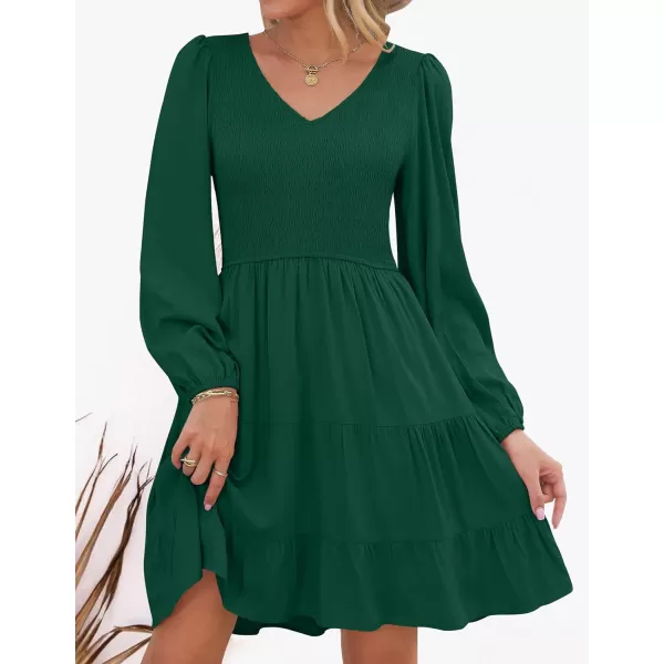imageZESICA Womens Casual V Neck Long Sleeve Smocked High Waist Ruffle A Line Tiered Mini DressDarkgreen