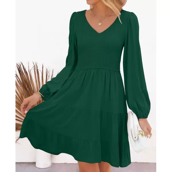 imageZESICA Womens Casual V Neck Long Sleeve Smocked High Waist Ruffle A Line Tiered Mini DressDarkgreen