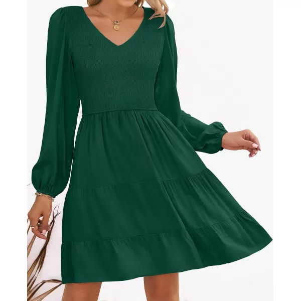 imageZESICA Womens Casual V Neck Long Sleeve Smocked High Waist Ruffle A Line Tiered Mini DressDarkgreen