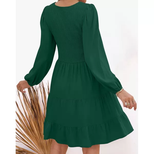 imageZESICA Womens Casual V Neck Long Sleeve Smocked High Waist Ruffle A Line Tiered Mini DressDarkgreen