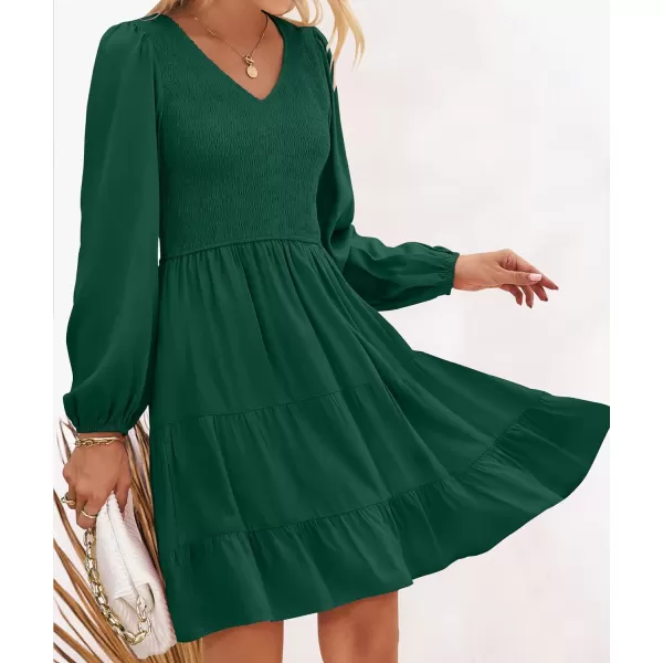 imageZESICA Womens Casual V Neck Long Sleeve Smocked High Waist Ruffle A Line Tiered Mini DressDarkgreen