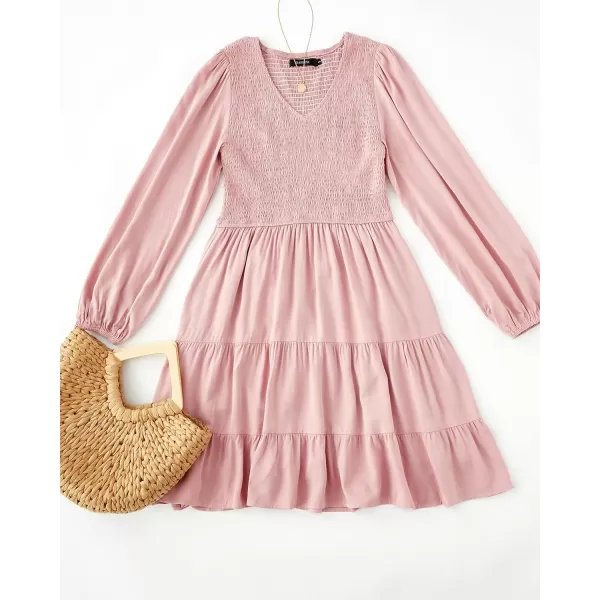 imageZESICA Womens Casual V Neck Long Sleeve Smocked High Waist Ruffle A Line Tiered Mini DressDarkpink
