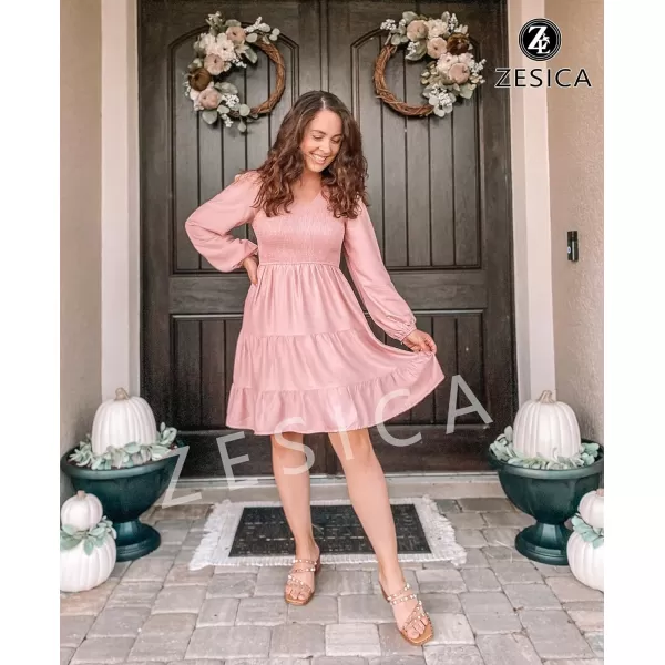 imageZESICA Womens Casual V Neck Long Sleeve Smocked High Waist Ruffle A Line Tiered Mini DressDarkpink