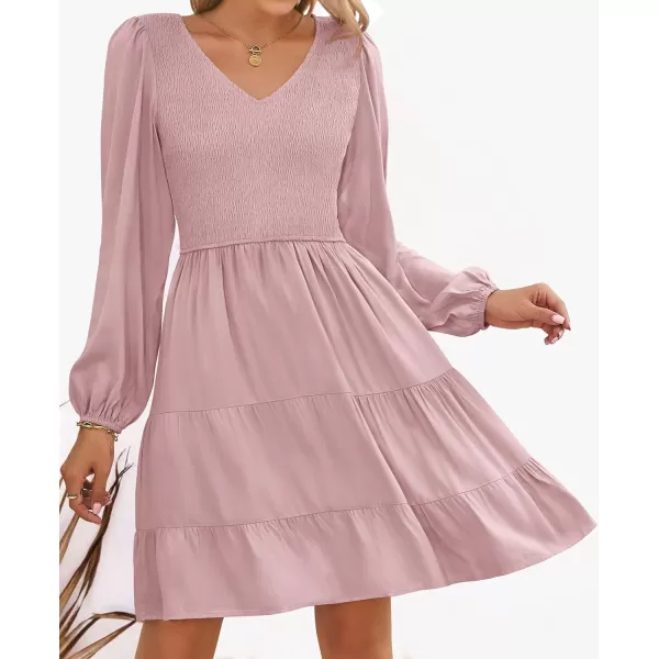 imageZESICA Womens Casual V Neck Long Sleeve Smocked High Waist Ruffle A Line Tiered Mini DressDarkpink