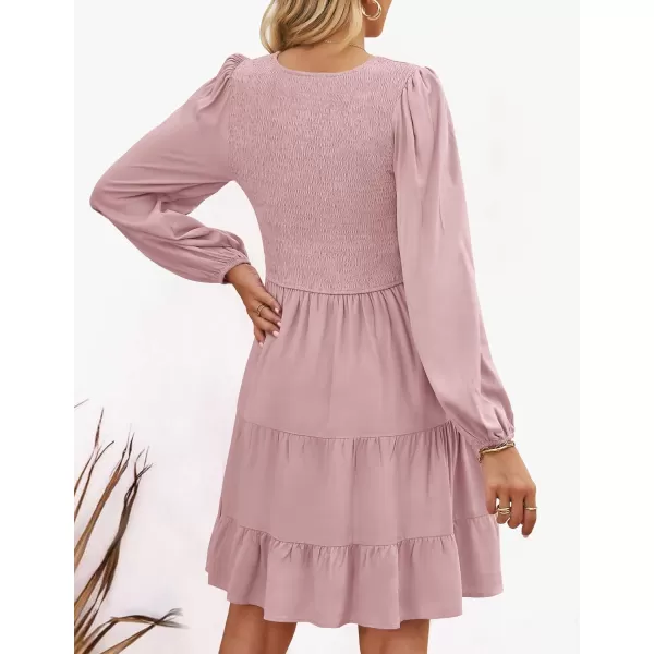 imageZESICA Womens Casual V Neck Long Sleeve Smocked High Waist Ruffle A Line Tiered Mini DressDarkpink