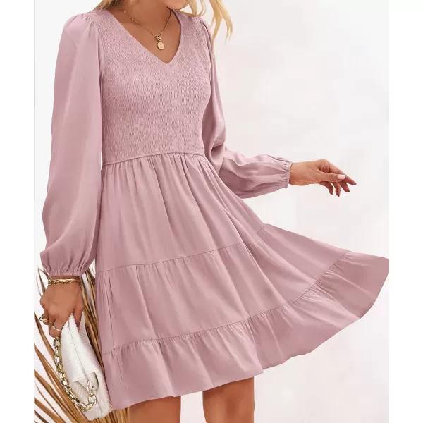 imageZESICA Womens Casual V Neck Long Sleeve Smocked High Waist Ruffle A Line Tiered Mini DressDarkpink
