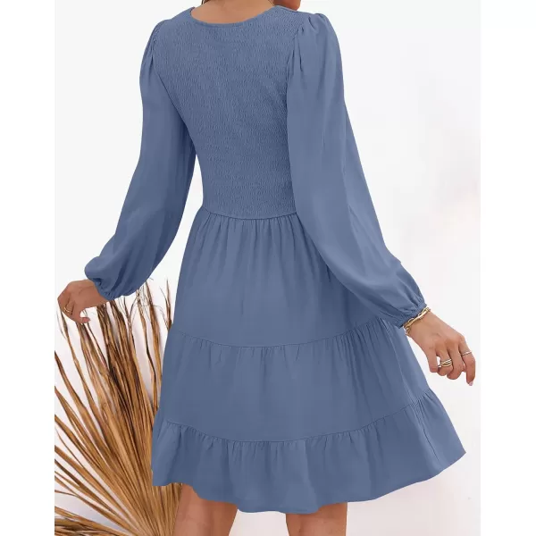 imageZESICA Womens Casual V Neck Long Sleeve Smocked High Waist Ruffle A Line Tiered Mini DressDustyblue
