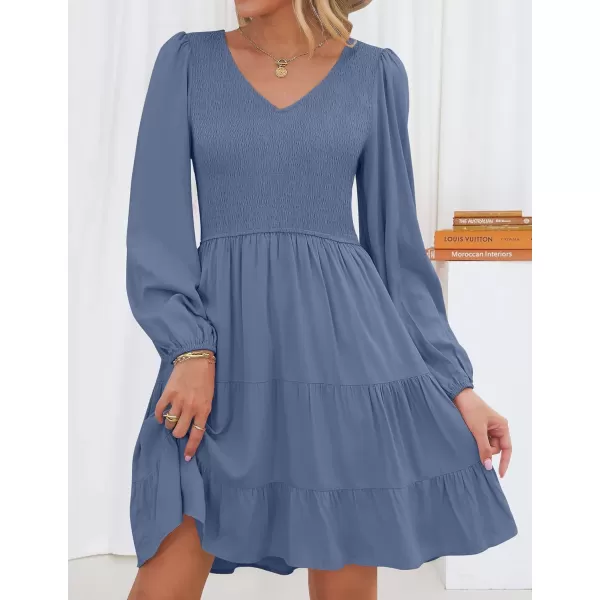 imageZESICA Womens Casual V Neck Long Sleeve Smocked High Waist Ruffle A Line Tiered Mini DressDustyblue