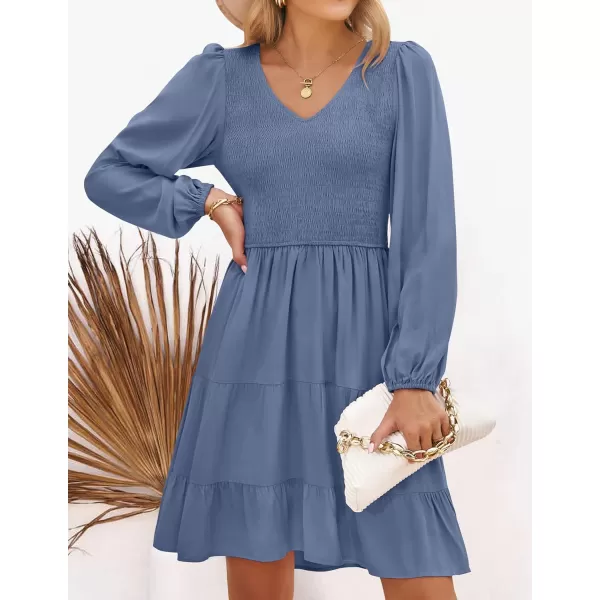 imageZESICA Womens Casual V Neck Long Sleeve Smocked High Waist Ruffle A Line Tiered Mini DressDustyblue
