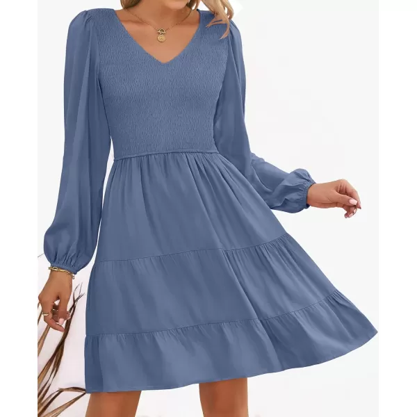 imageZESICA Womens Casual V Neck Long Sleeve Smocked High Waist Ruffle A Line Tiered Mini DressDustyblue