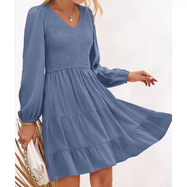 imageZESICA Womens Casual V Neck Long Sleeve Smocked High Waist Ruffle A Line Tiered Mini DressDustyblue