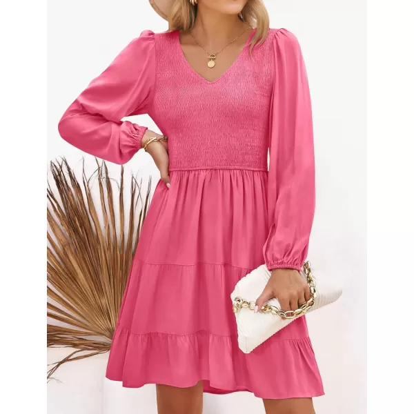 imageZESICA Womens Casual V Neck Long Sleeve Smocked High Waist Ruffle A Line Tiered Mini DressHotpink