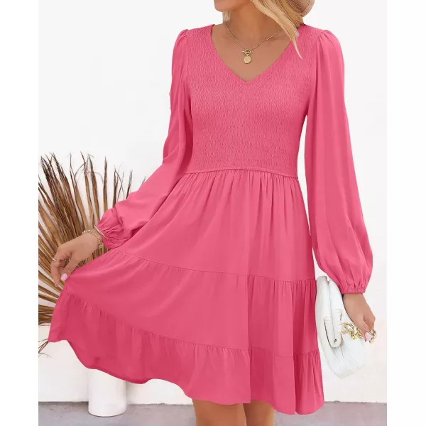 imageZESICA Womens Casual V Neck Long Sleeve Smocked High Waist Ruffle A Line Tiered Mini DressHotpink