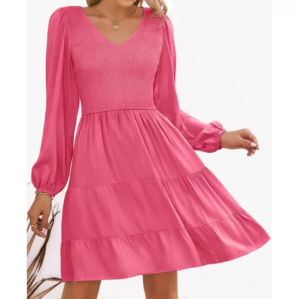imageZESICA Womens Casual V Neck Long Sleeve Smocked High Waist Ruffle A Line Tiered Mini DressHotpink