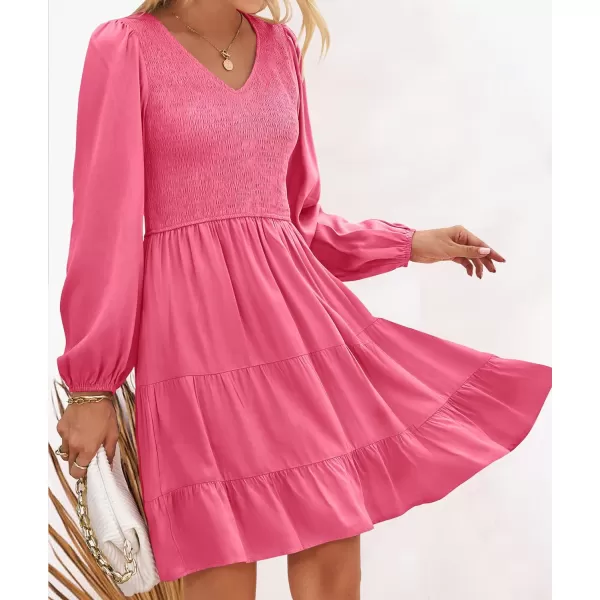 imageZESICA Womens Casual V Neck Long Sleeve Smocked High Waist Ruffle A Line Tiered Mini DressHotpink